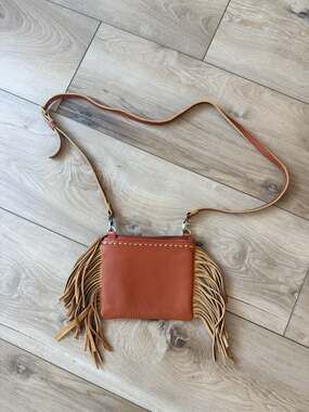 Fredd + Basha Cognac Genuine Leather Fringe Mini Crossbody Bag